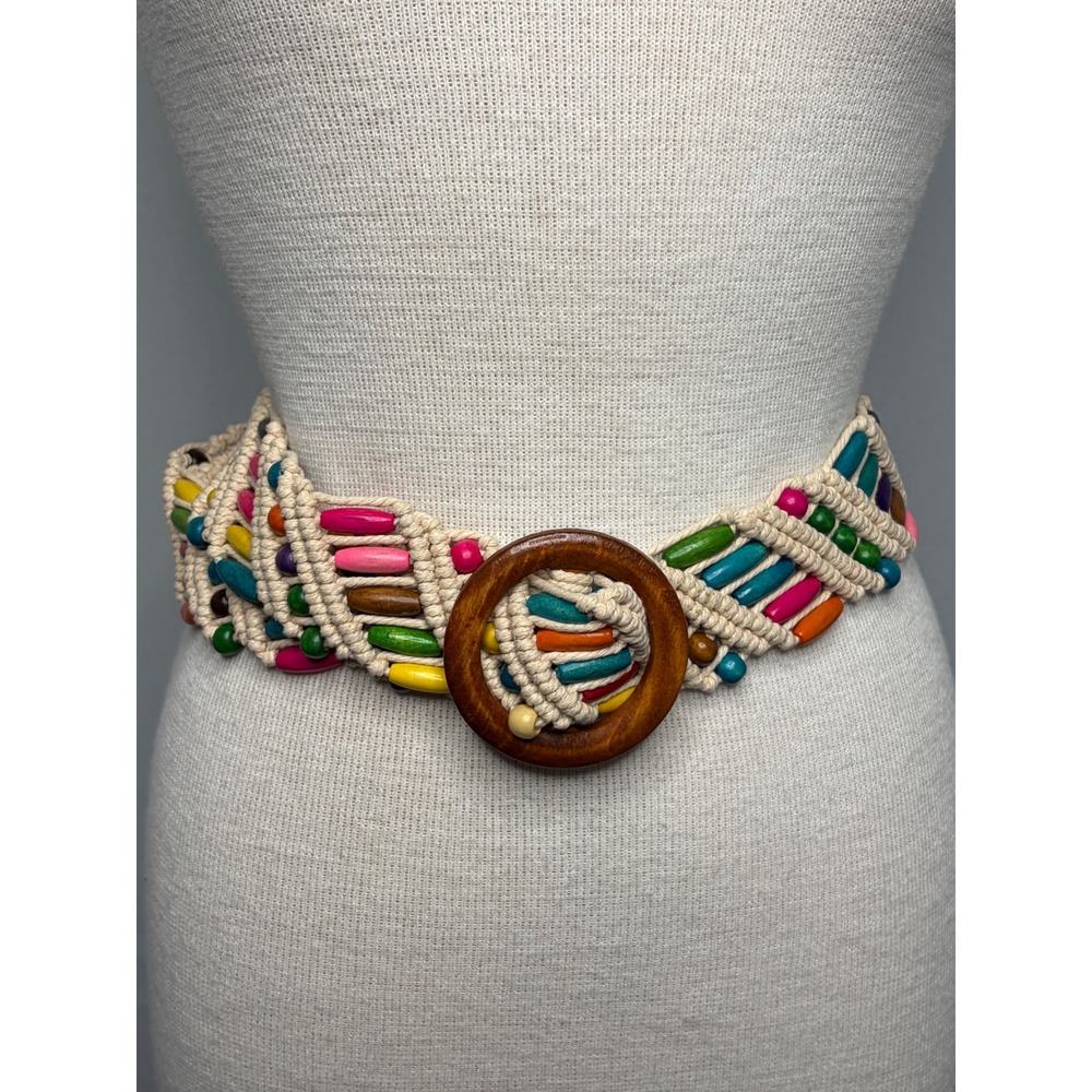 Vintage Boho Macrame Woven Belt Multicolor Wood Beads Round Wood Buckle Cream